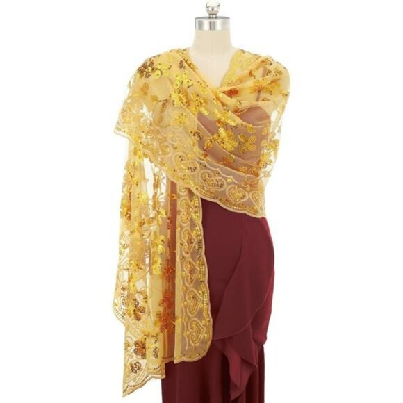Gold Sequin Glitter Lace Bridal Shawls Wraps Scarves Formal Evening Dress Scarf - Picture 2 of 6